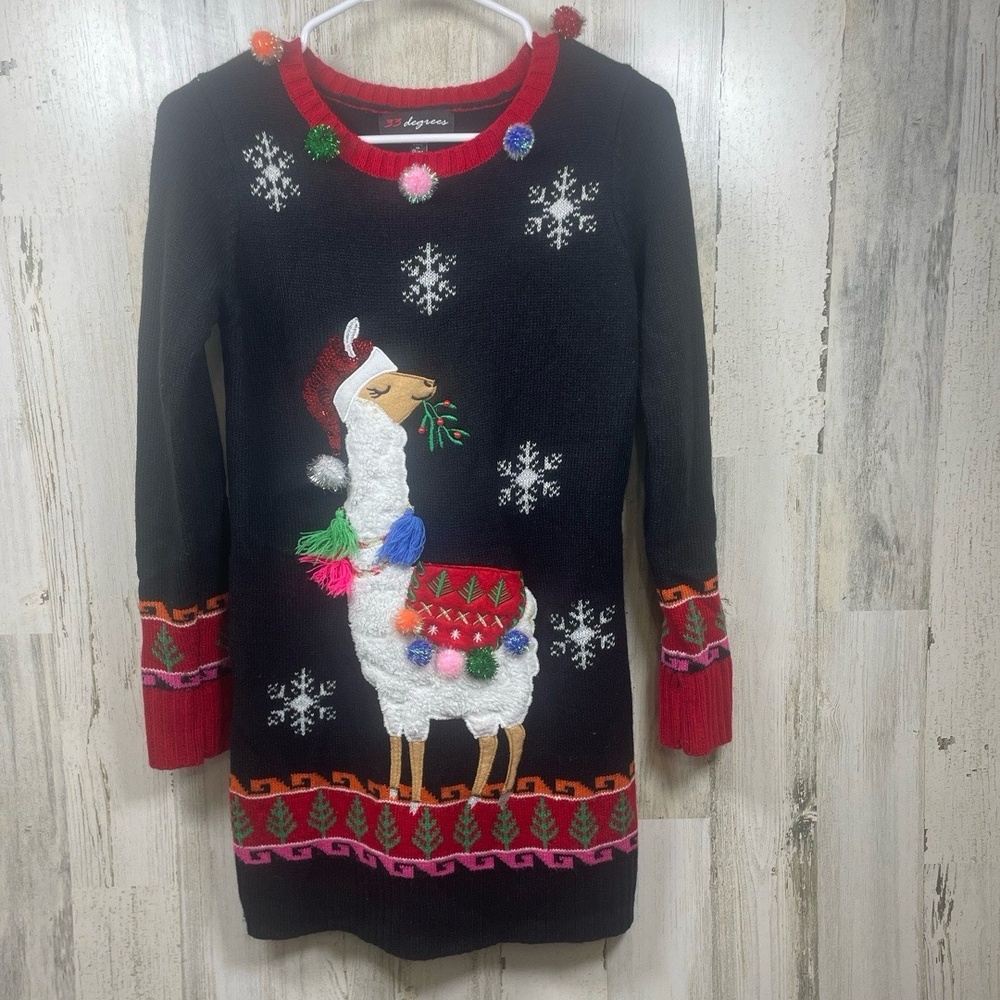 33 Degrees Funky Llama Ugly Christmas Sweater Dress sz XS Colorful Holiday Party